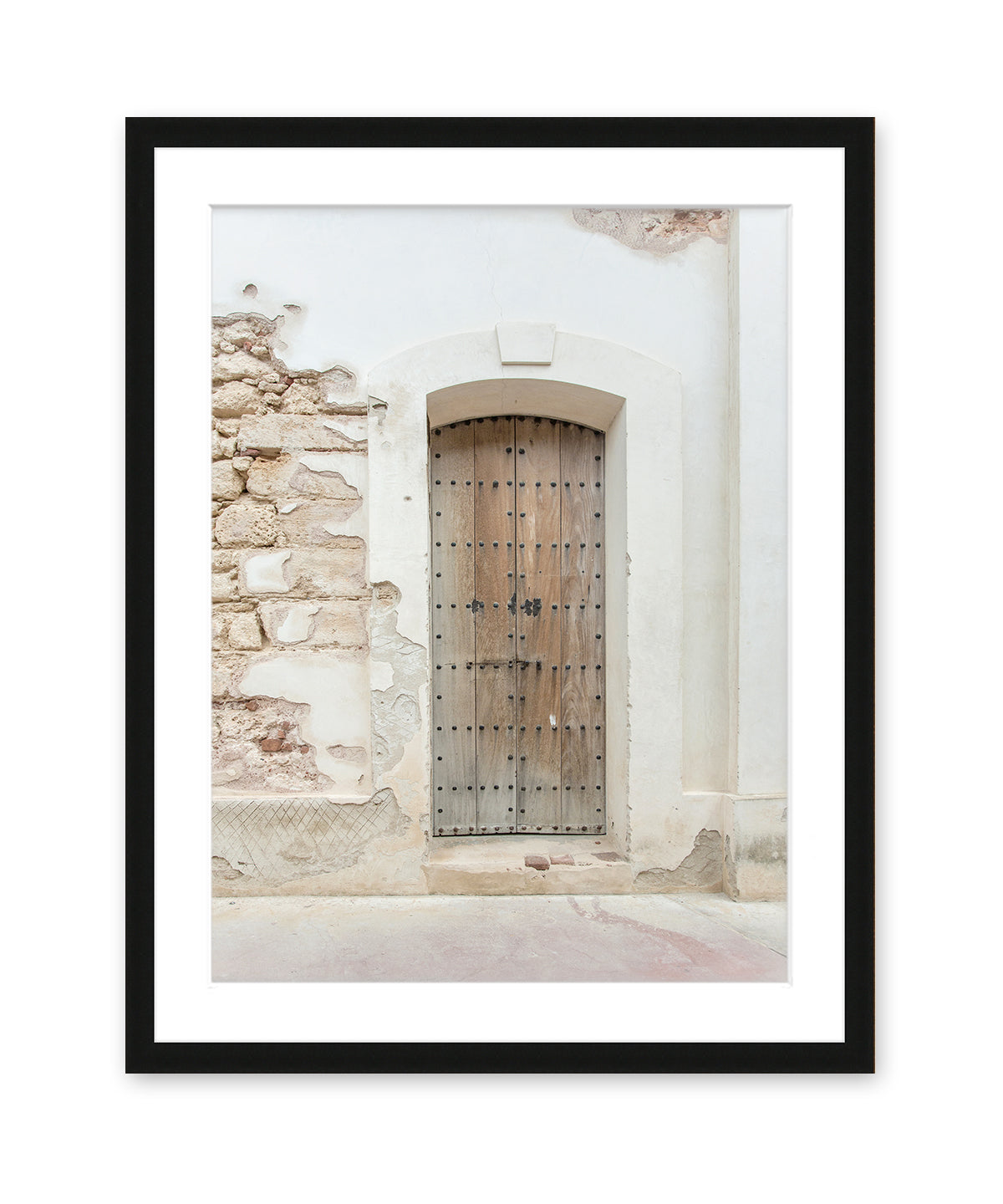 Neutral Minimal Art, pastel travel photograph featuring a scene in Old San Juan Puerto Rico, Black Wood Frame