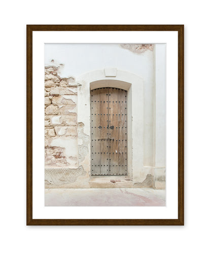 Neutral Minimal Art, pastel travel photograph featuring a scene in Old San Juan Puerto Rico, Dark Wood Frame