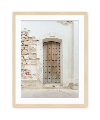 Neutral Minimal Art, pastel travel photograph featuring a scene in Old San Juan Puerto Rico, Natural Wood Frame