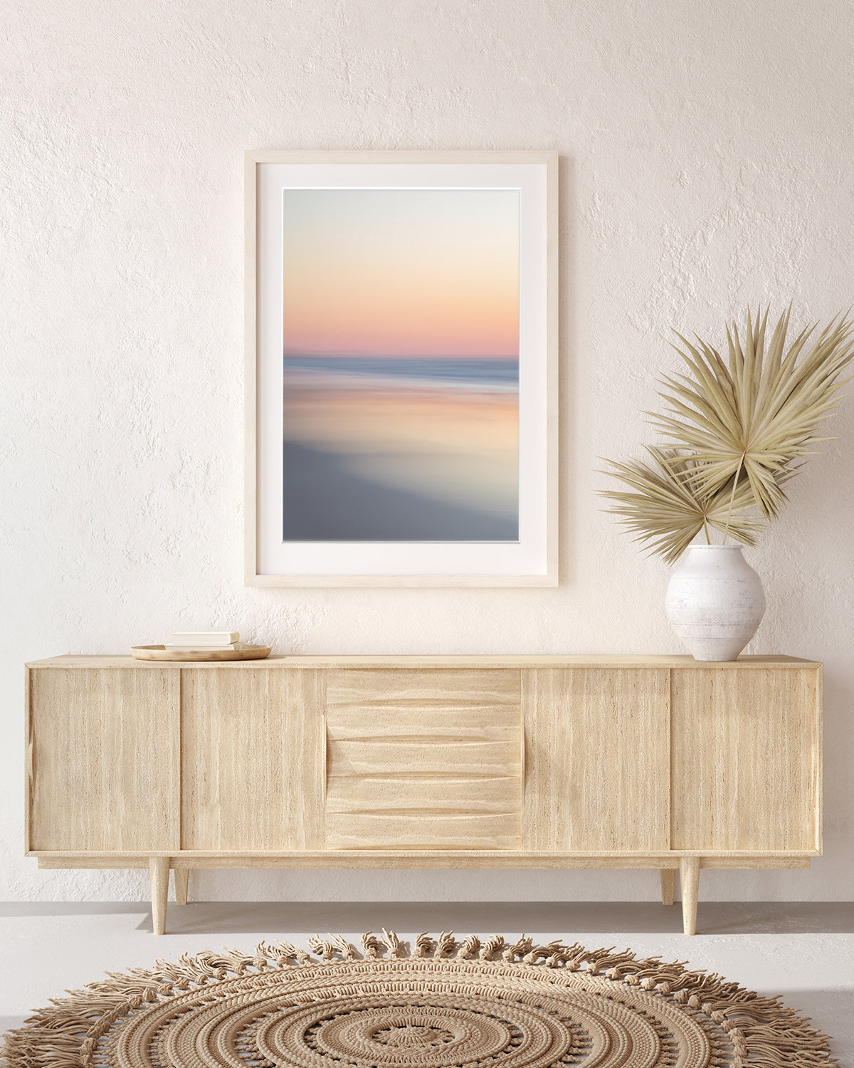 boho coastal decor featuring abstract beach photograph