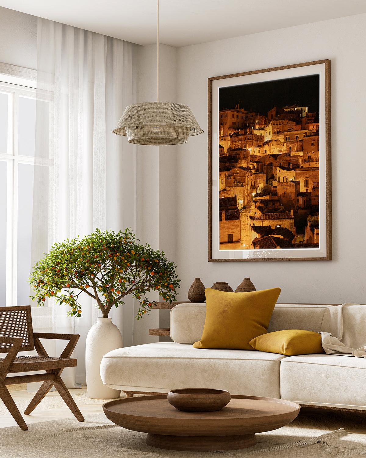 Old World Inspired Decor featuring framed fine art photograph of Historic city of Matera, Italy at night with glowing amber lights.
