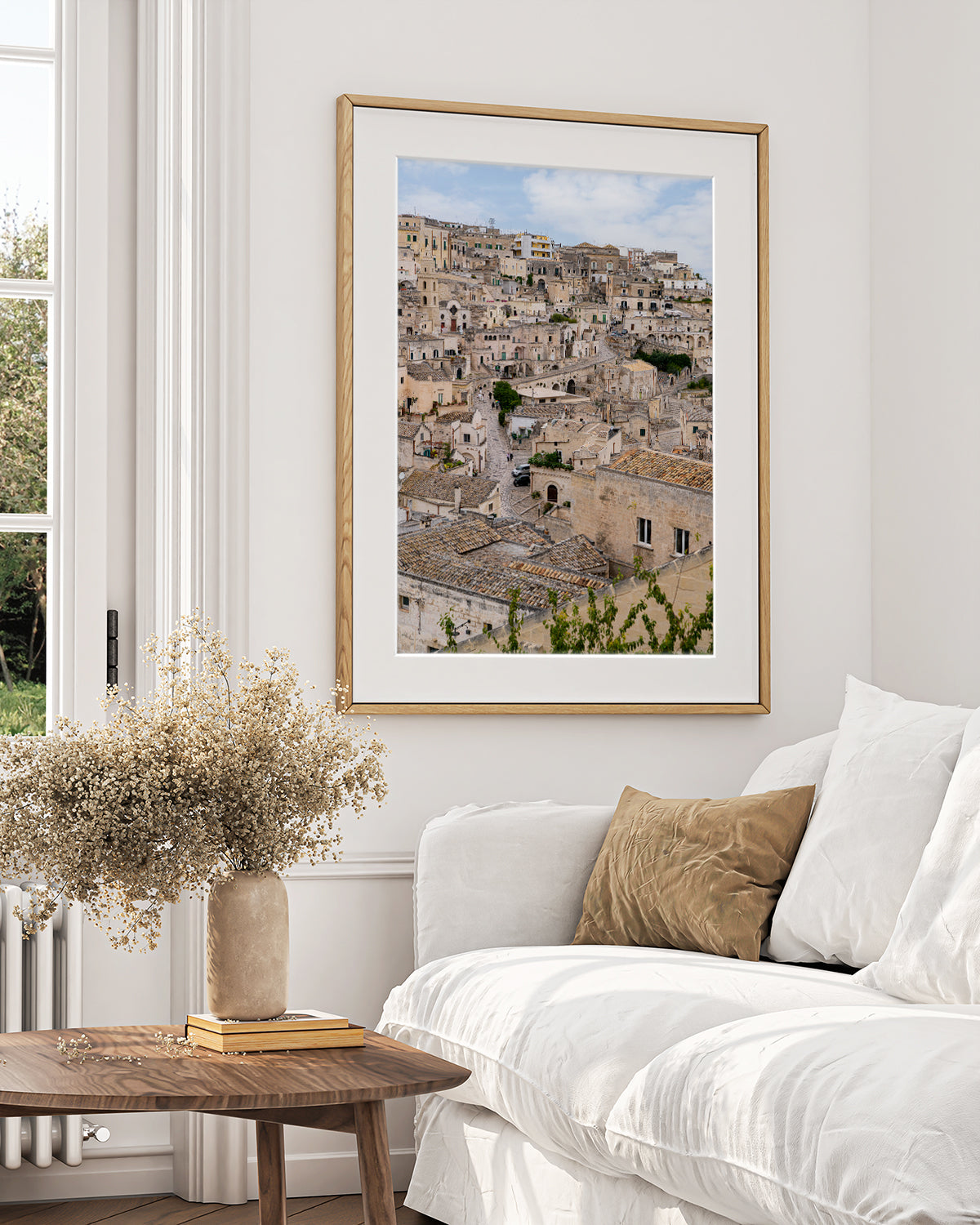 Matera Italy architecture print displayed in a neutral  old world inspired interior.