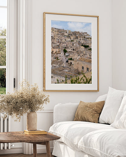 Matera Italy architecture print displayed in a neutral  old world inspired interior.