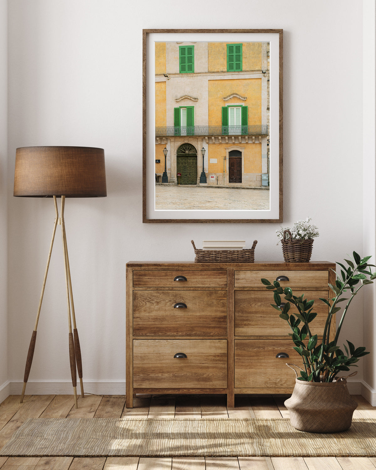 old world neutral decor with framed italy wall art featuring historic facade filled with texture and beige and yellow tones.