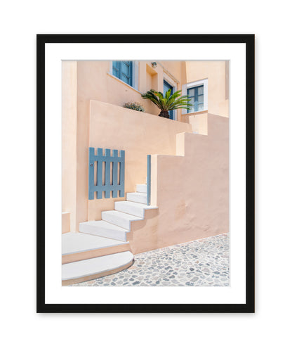 pastel architecture, santorini greece art, black frame