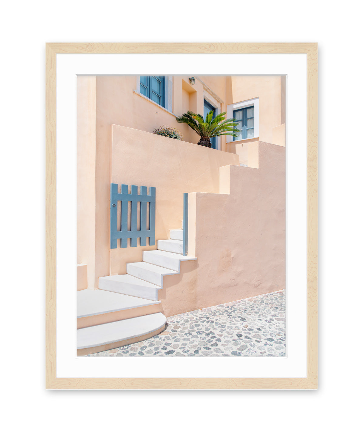 pastel architecture, santorini greece art, wood frame