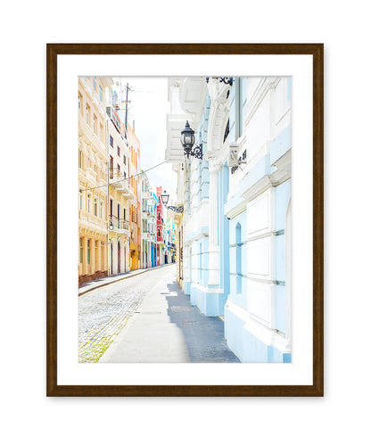 pastel architecture photograph, Old San Juan Puerto Rico Art, dark wood frame