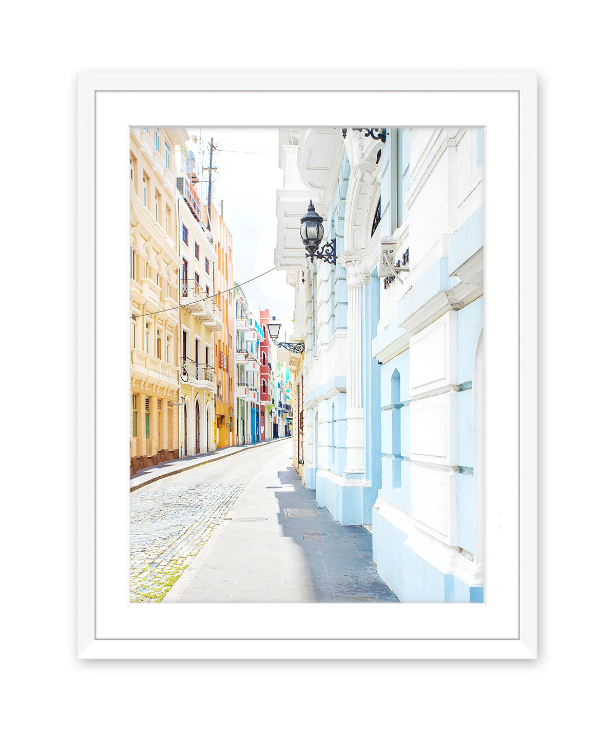 pastel architecture photograph, Old San Juan Puerto Rico Art, white wood frame