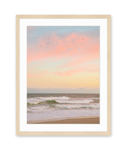 Pastel Warm Sunset Wrightsville Beach Photograph, Natural Wood Frame by Wright and Roam