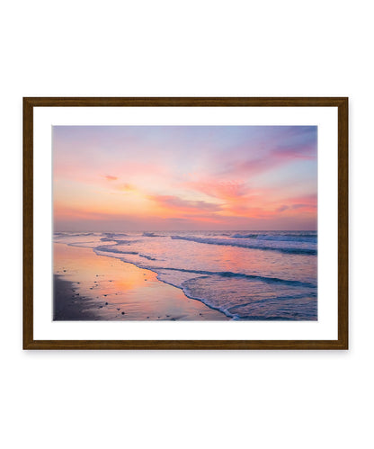 colorful pink and purple sunrise Wrightsville beach photograph, dark wood frame by Wright and Roam