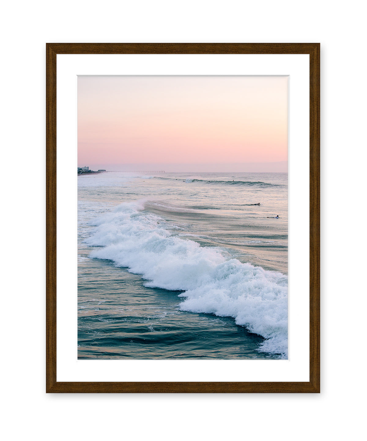 beach photograph pink sunrise, dark wood frame