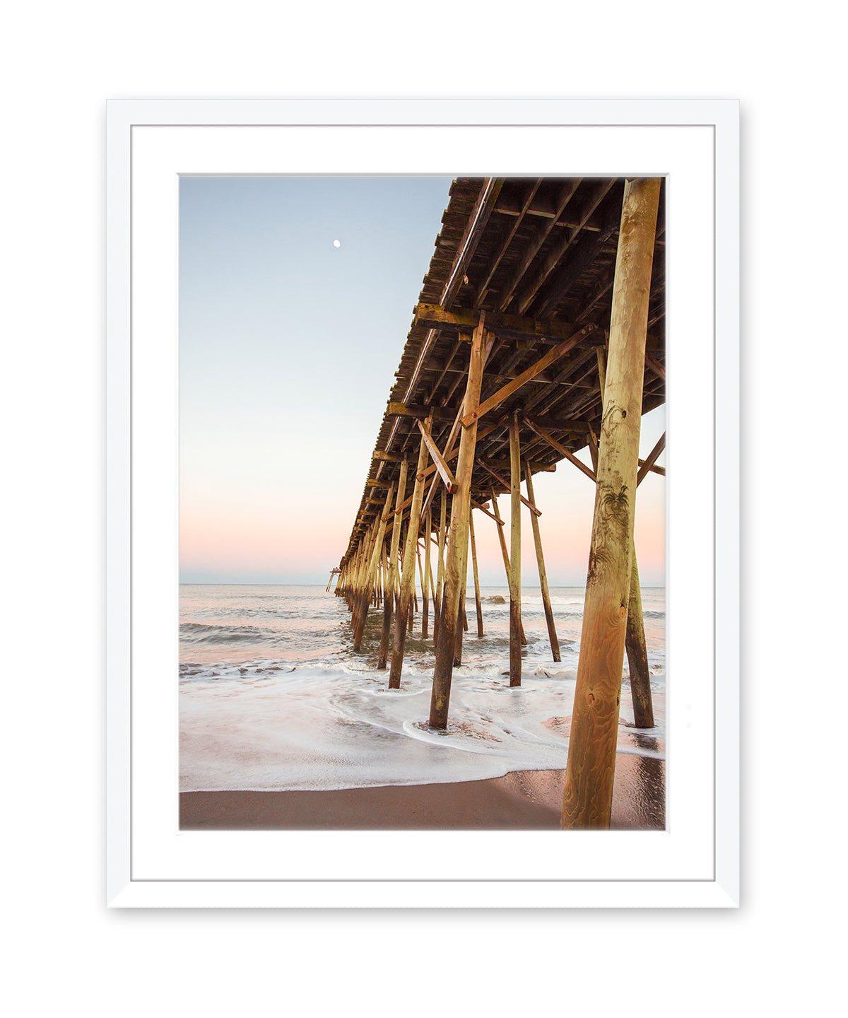Sunset Pier Beach Photograph, White Wood Frame, Wright and Roam
