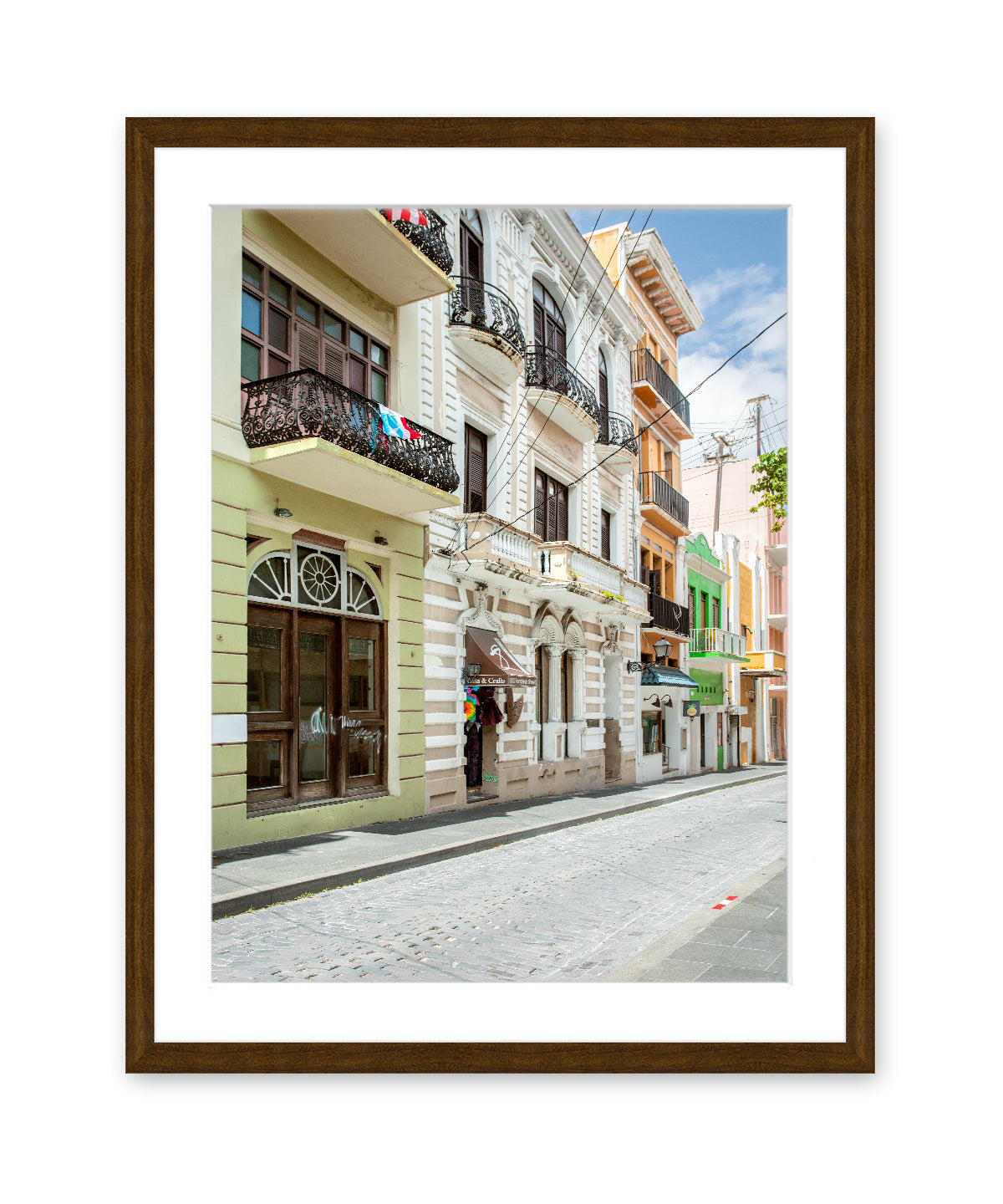 pastel architecture print, old san juan, puerto rico travel photograph, dark wood frame