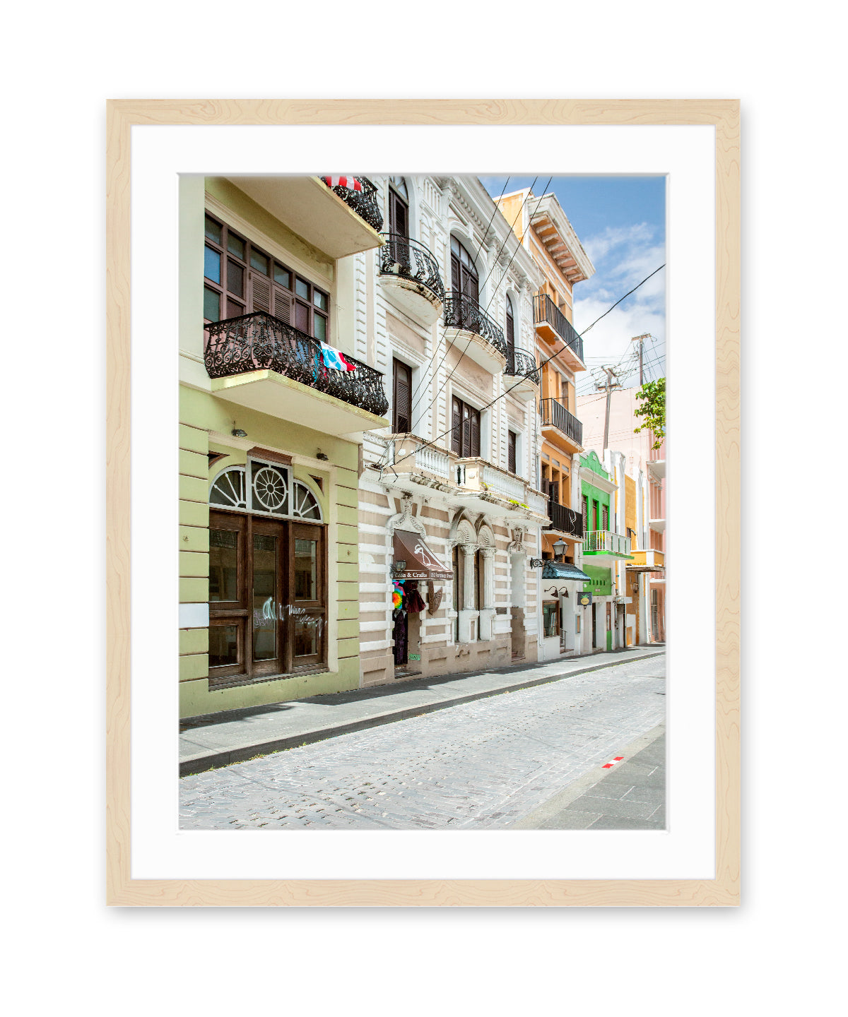 pastel architecture print, old san juan, puerto rico travel photograph, natural wood frame