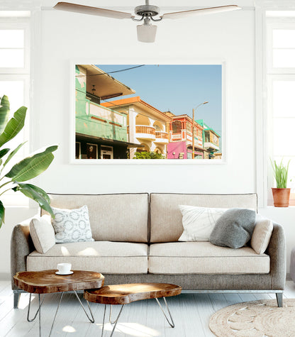 surf shack decor feautring framed travel photograph cof olorful buildings in Old San Juan, puerto rico