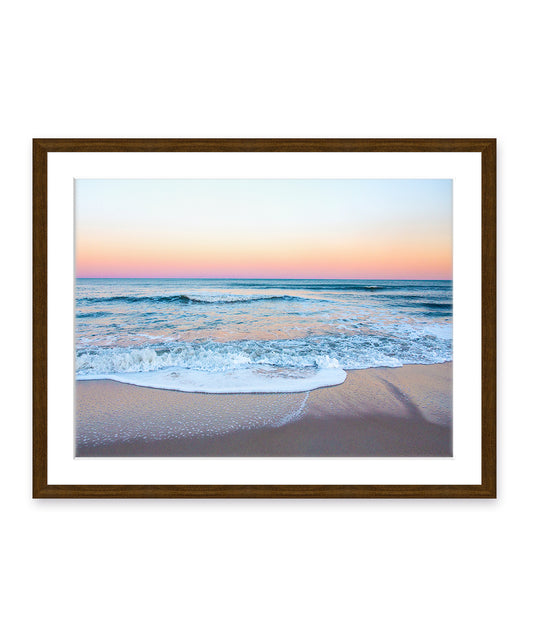 blue rainbow sunset beach photograph, dark wood frame, by Wright and Roam