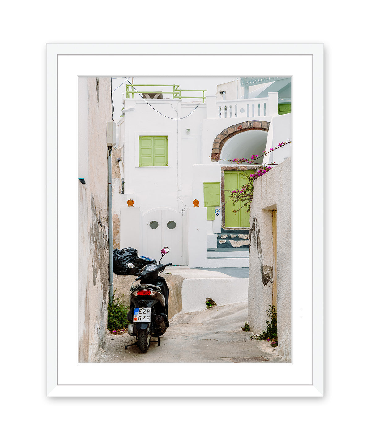 white buildings moped santorini, greece travel print white frame