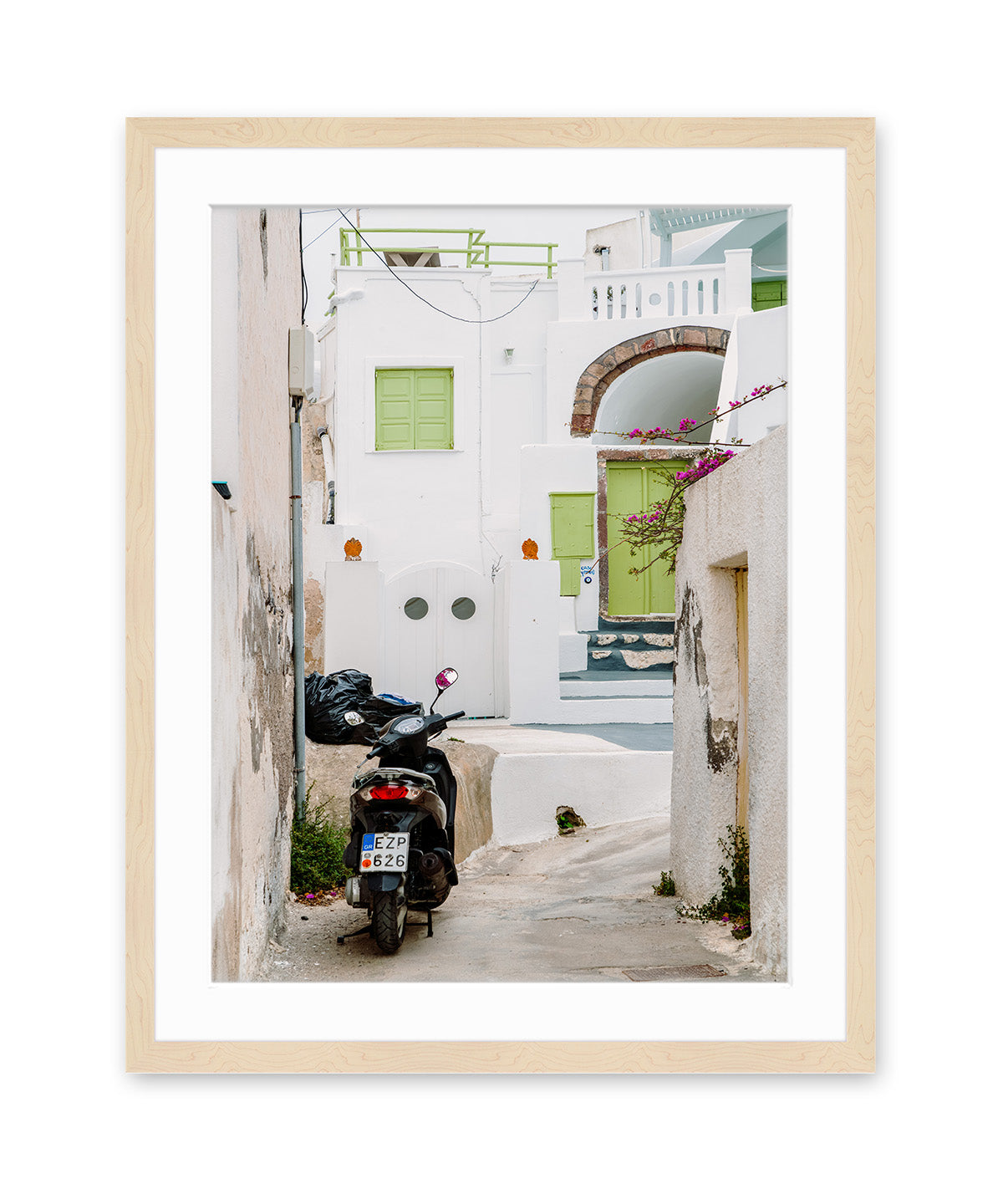 white buildings moped santorini, greece travel print wood frame