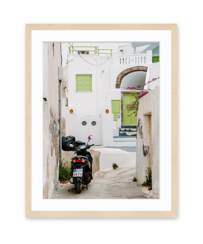 white buildings moped santorini, greece travel print wood frame