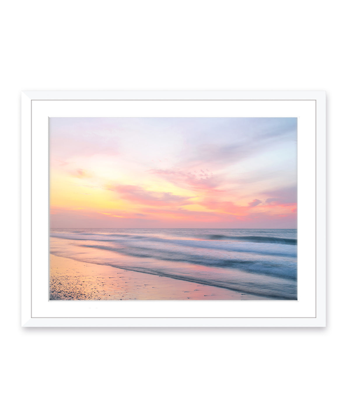 abstract pastel sunrise beach photograph, white wood frame by Wright and Roam