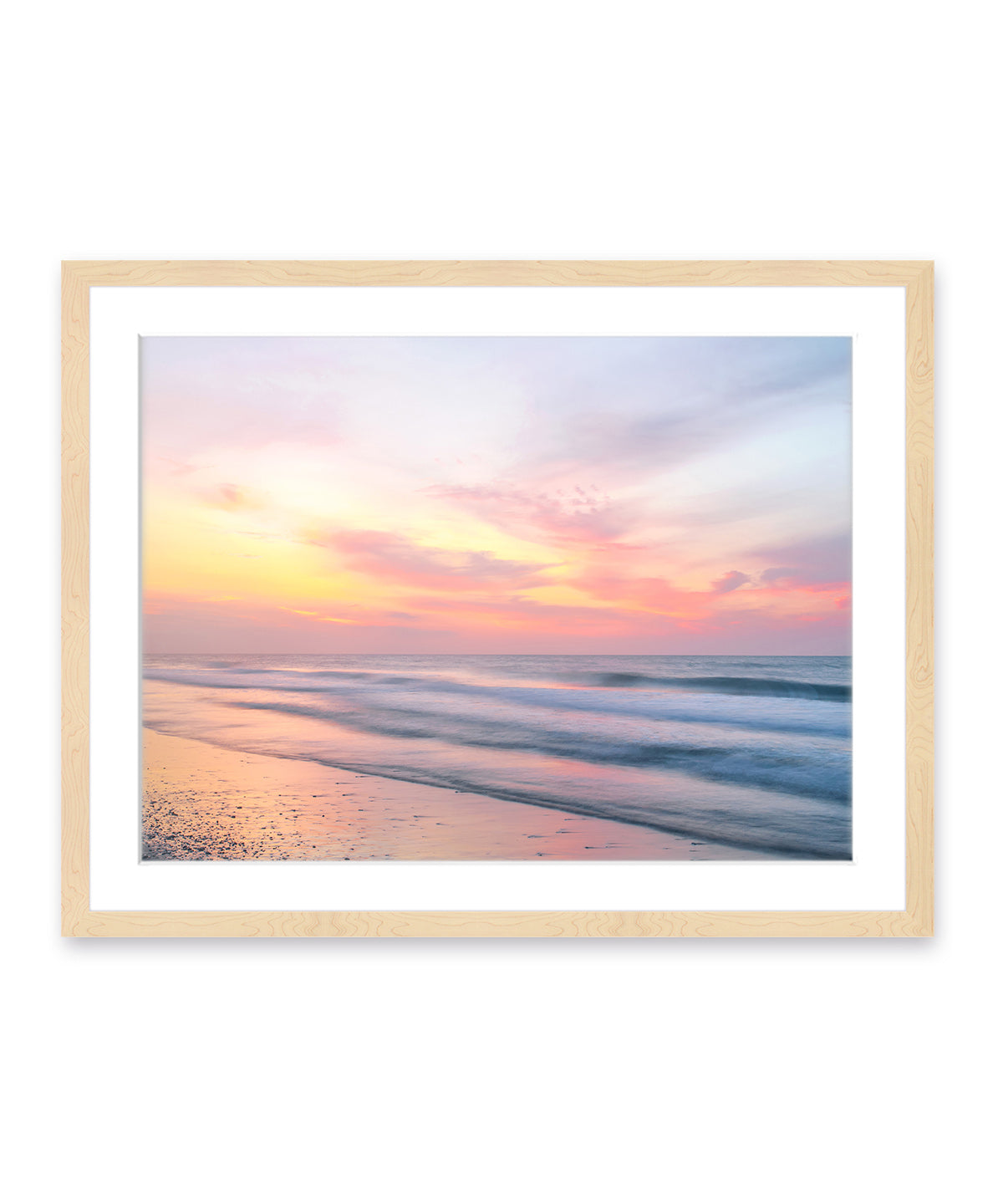 abstract pastel sunrise beach photograph, natural wood frame by Wright and Roam