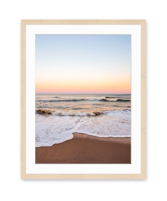 warm sunset beach print, natural wood frame wright and roam