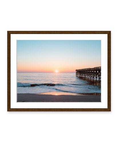 Teal Blue Sunrise Wrightsville Beach Photograph, Dark Wood Frame by Wright and Roam