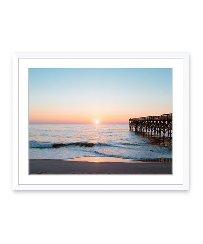 Teal Blue Sunrise Wrightsville Beach Photograph, White Wood Frame by Wright and Roam