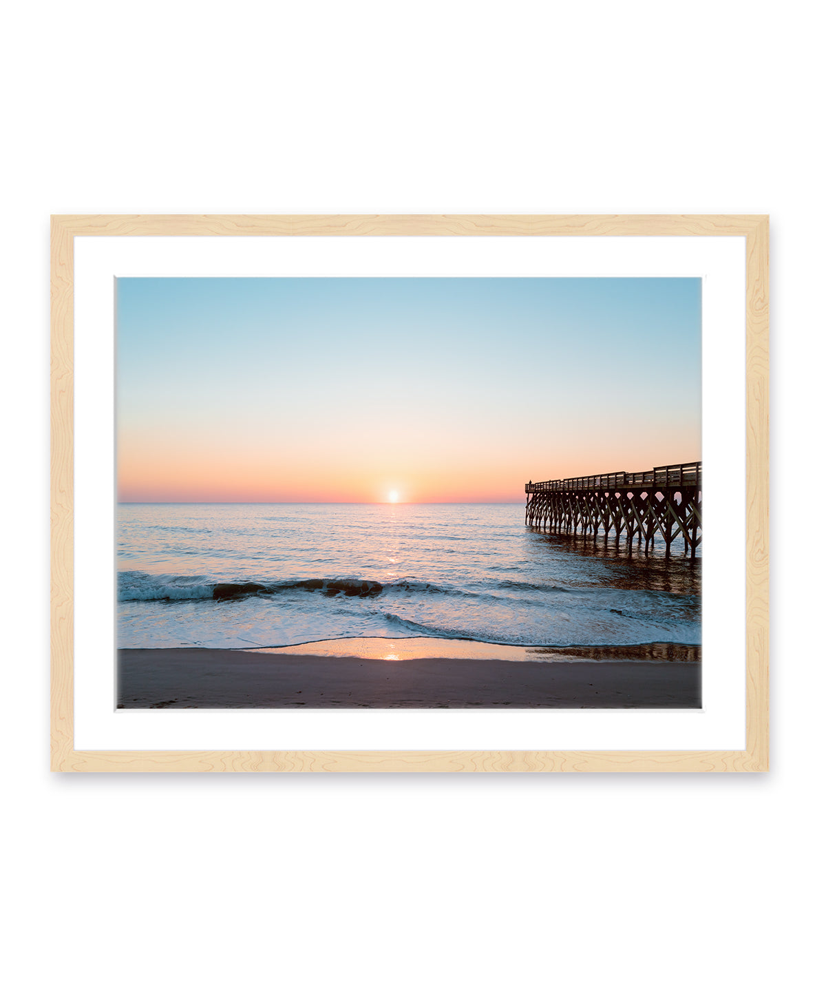 Teal Blue Sunrise Wrightsville Beach Photograph, Natural Wood Frame by Wright and Roam