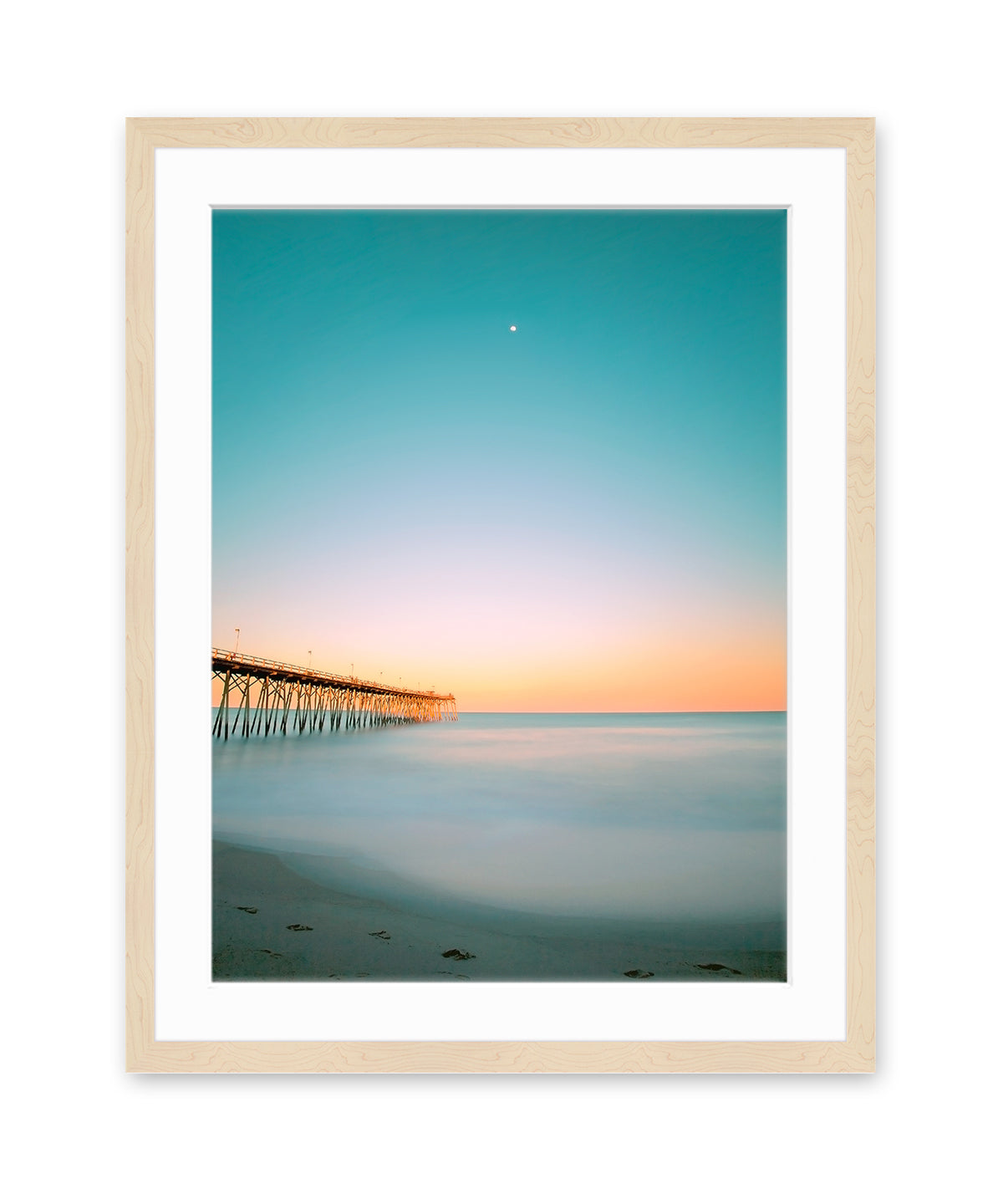 teal sunset beach photograph, natural wood frame by Wright and Roam