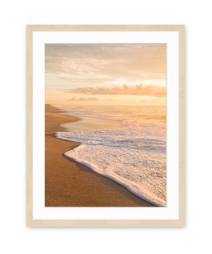warm golden sunrise beach print wright and roam natural wood frame
