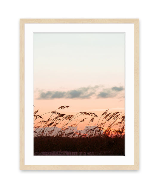 pink sunset beach print, natural wood frame by Wright and Roam