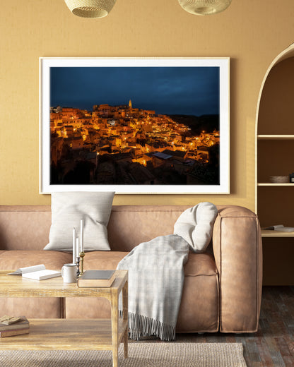 Matera, Italy night photograph displayed in  an old world, European style living room