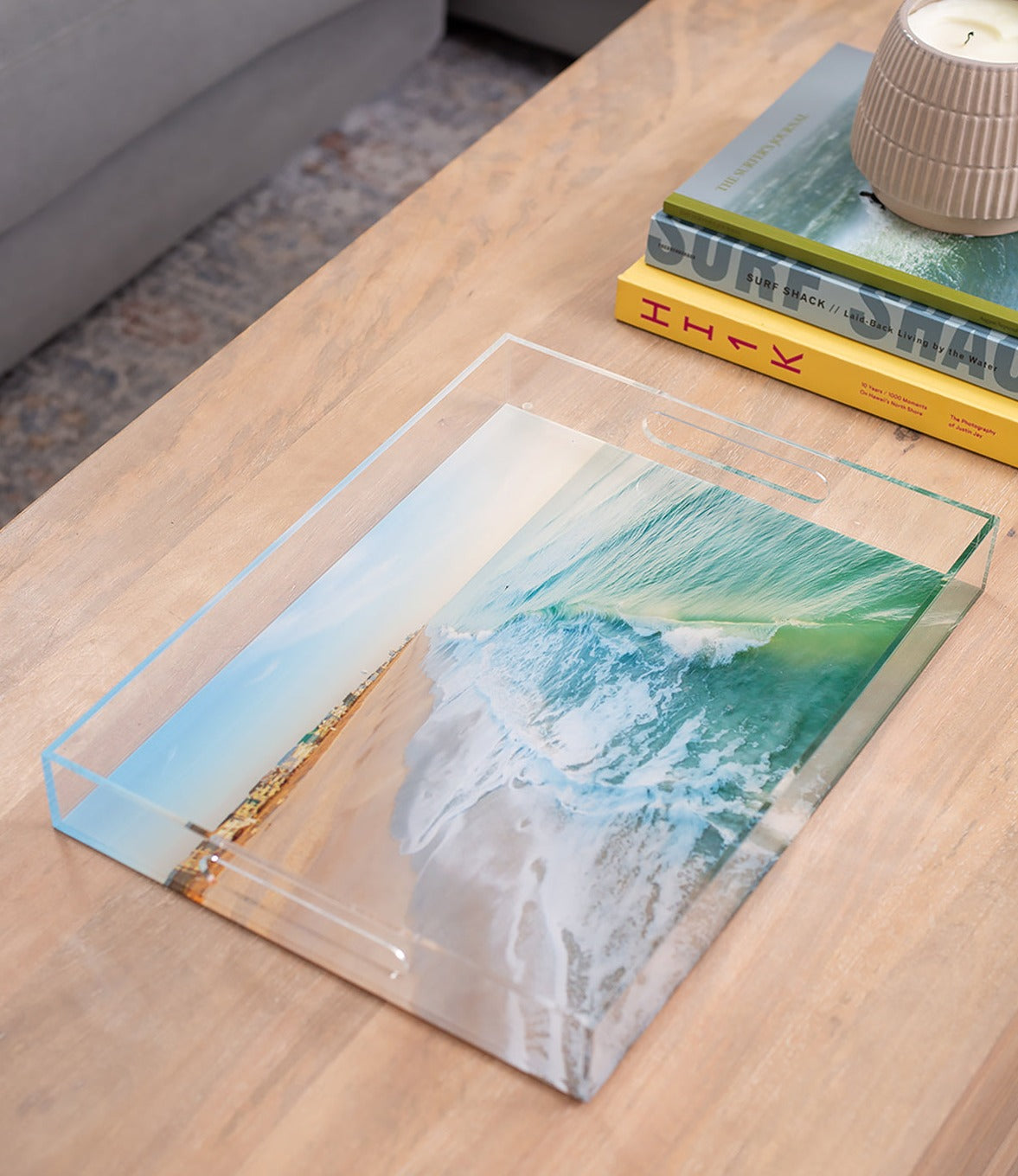 aerial wrightsville beach photograph on acrylic serving tray