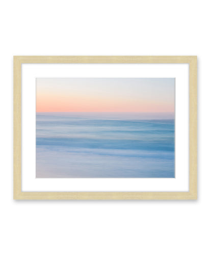 blue abstract minimal sunrise beach photograph, natural wood frame by Wright and Roam
