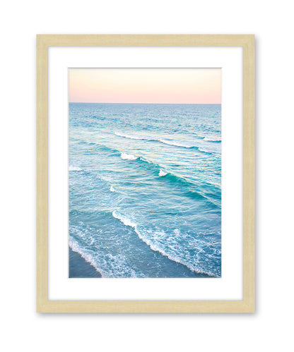 aerial photograph, sunset blue beach print, natural wood frame, by Wright and Roam