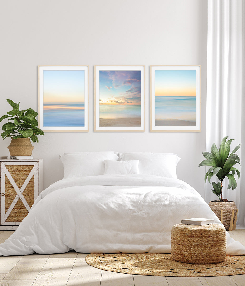 bright white bedroom decor, set of 3 pastel abstract minimal prints by Wright and Roam