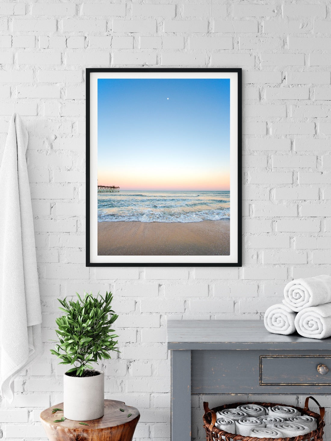 bathroom decor, framed beach artwork