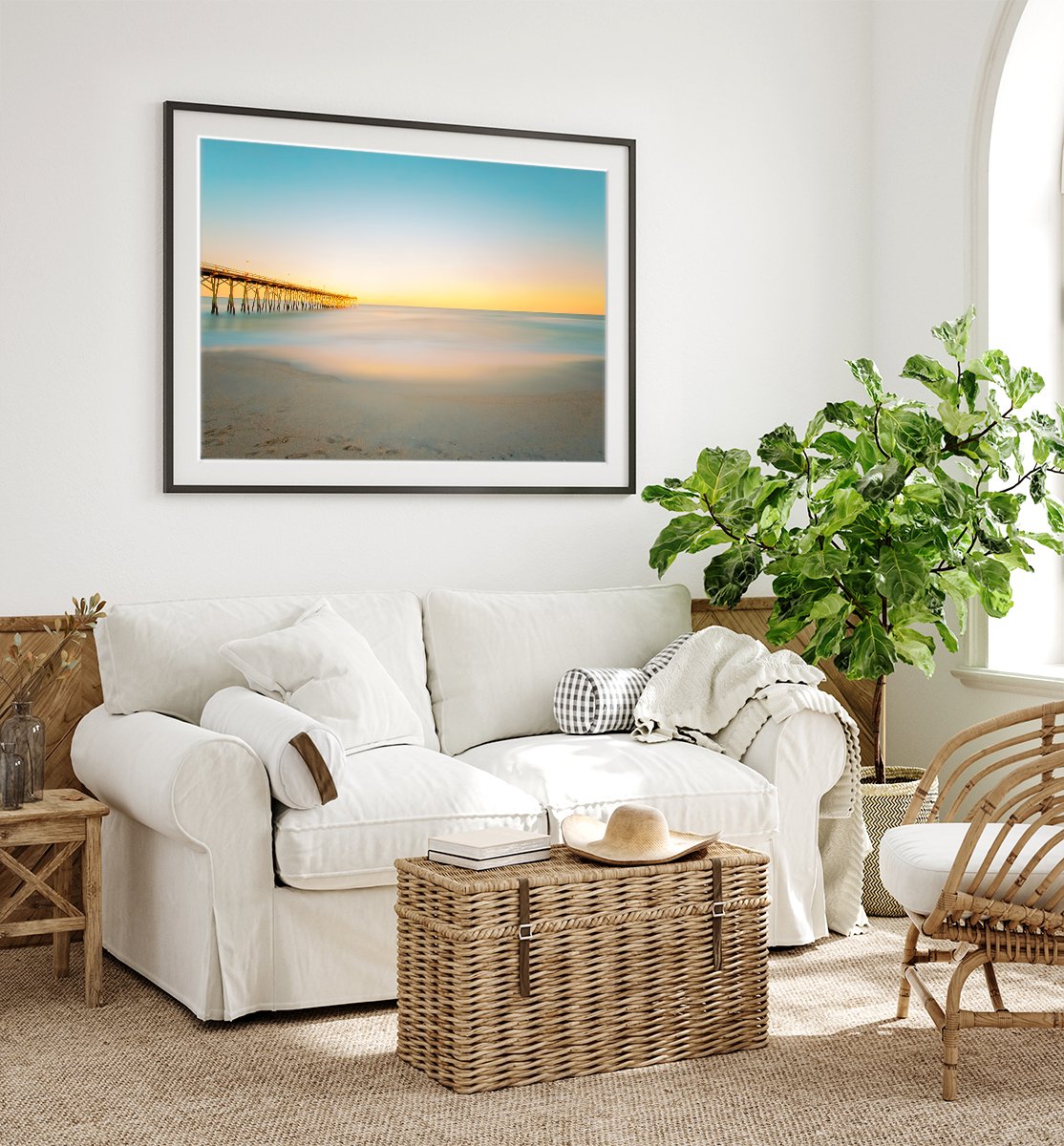 coastal beach house living room decor featuring blue and yellow sunset Carolina beach photograph by Wright and Roam 
