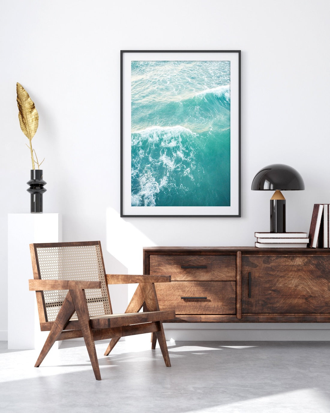 mid-century modern living room decor, aqua blue ocean waves aerial photograph