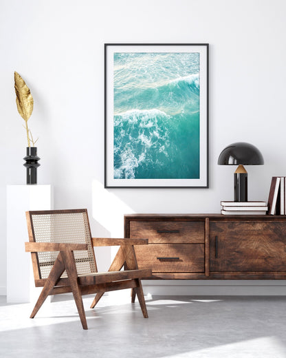 mid-century modern living room decor, aqua blue ocean waves aerial photograph