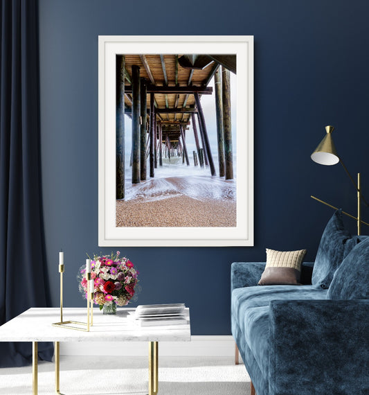 modern living room decor featuring large beach wall art by Wright and Roam