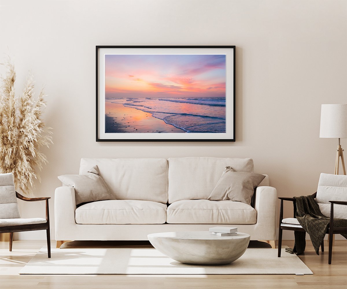 modern living room decor, large pink sunrise beach photograph by Wright and Roam