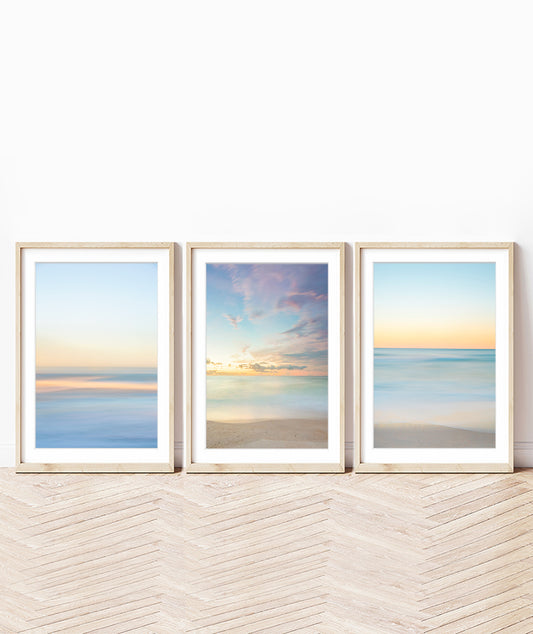 set of 3 pastel blue abstract beach photographs, wright and roam