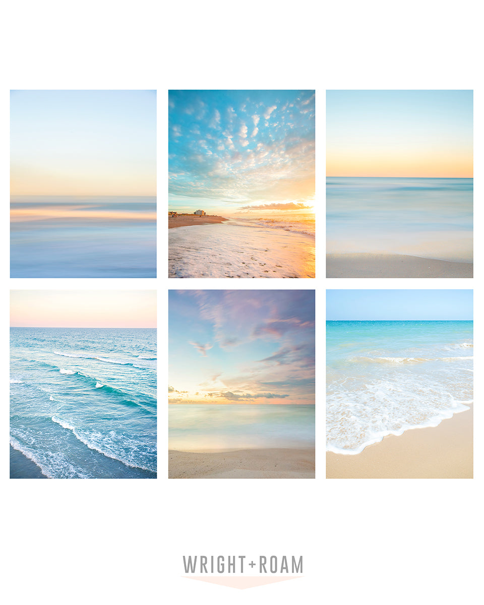 Gallery Wall Set of Six Blue and Yellow Tropical Sunset Beach Photographs